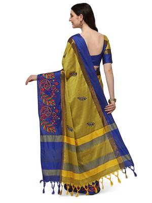 Yellow embroidered cotton silk saree with blouse 2