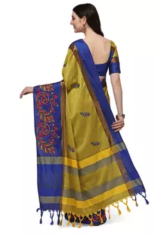 Yellow embroidered cotton silk saree with blouse