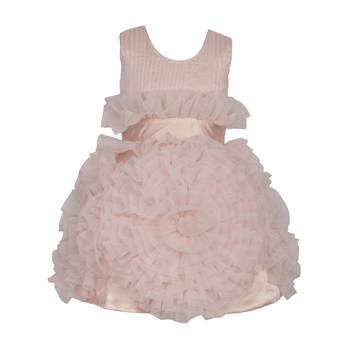 Beige plain satin kids-frocks 1