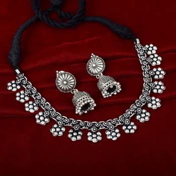 Antique Oxidized Silver Tone Traditional Necklace Set For Women With Earring 1