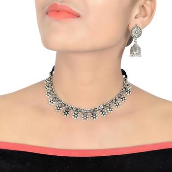 Antique Oxidized Silver Tone Traditional Necklace Set For Women With Earring 2