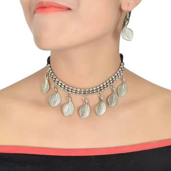 Antique Oxidized Silver Tone Traditional Necklace Set For Women With Earring 2