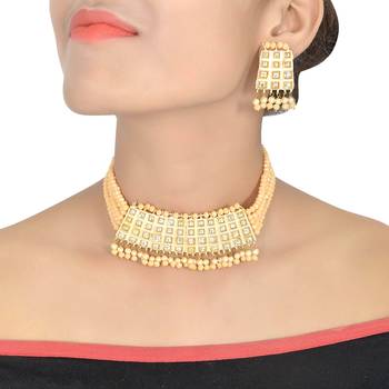 Peach Tone Beaded Traditional Kundan Choker Set For Women  2