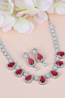 Red Monalisa American Diamond Traditional Necklace Sets For Women