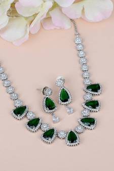 Green Monalisa American Diamond Traditional Necklace Sets For Women