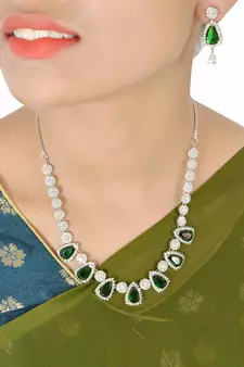Green Monalisa American Diamond Traditional Necklace Sets For Women