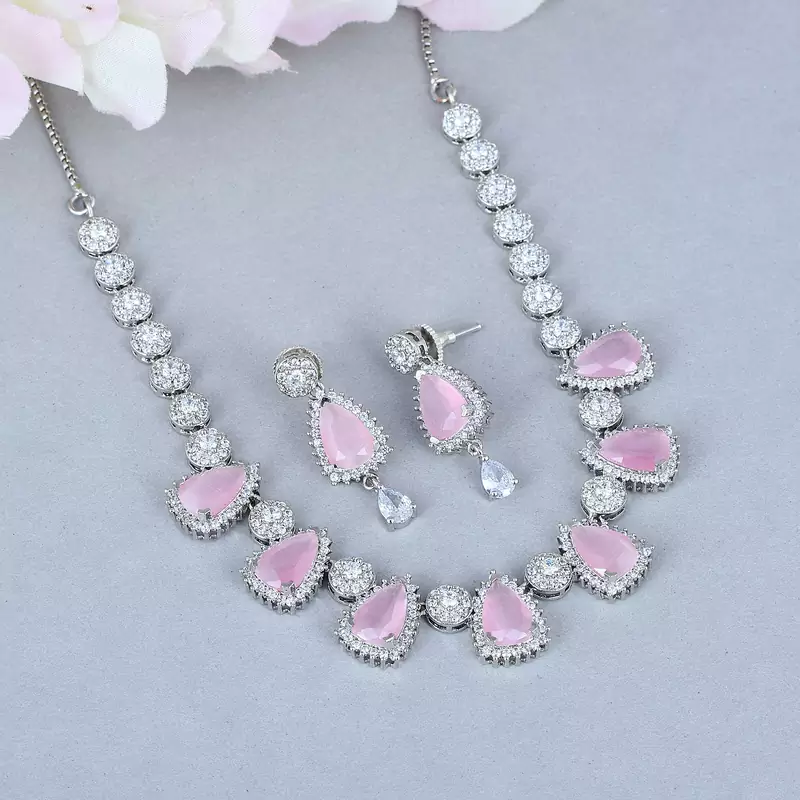 PINK MONALISA AMERICAN DIAMOND TRADITIONAL NECKLACE SETS FOR WOMEN