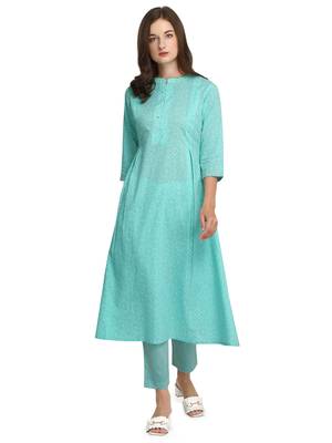 Turquoise printed cotton cotton-kurtis 1
