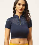 VASTRANAND Women Navy Blue Lace Detail Stretchable Saree Blouse