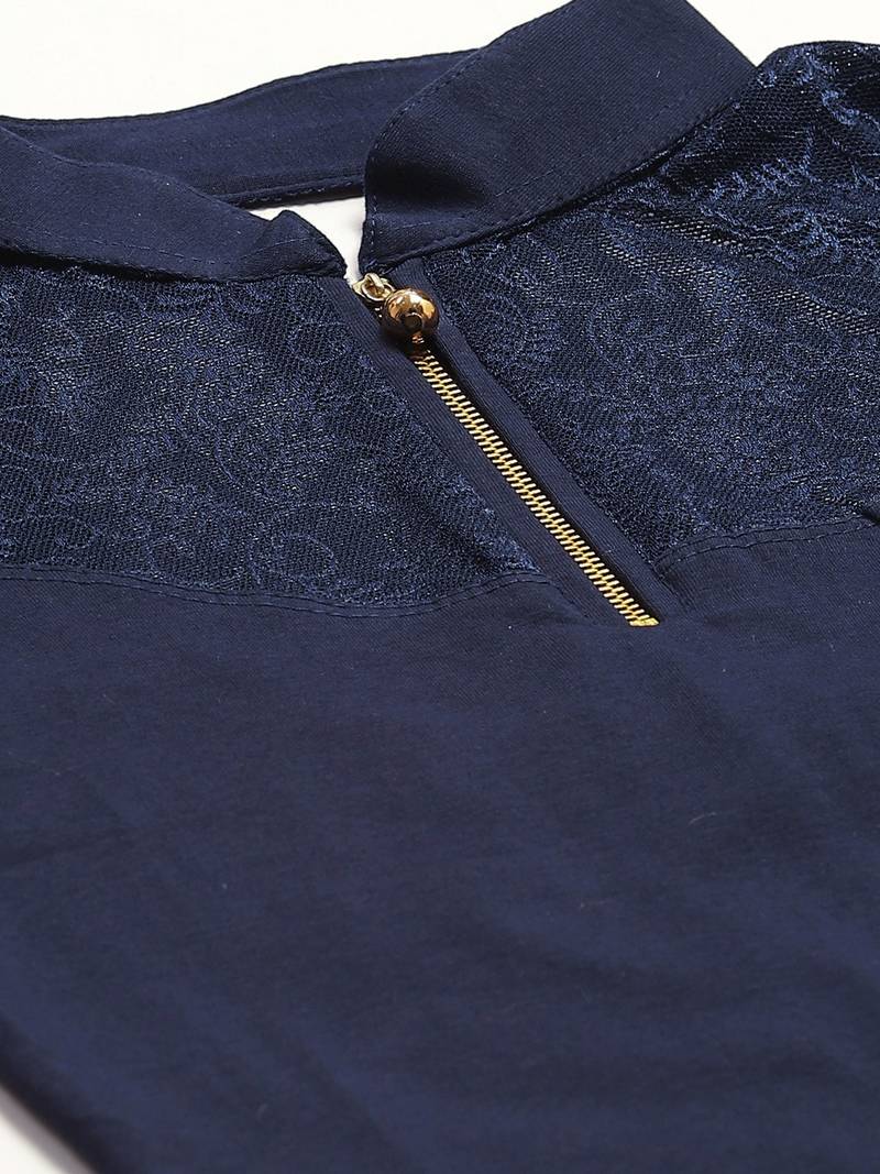 VASTRANAND Women Navy Blue Lace Detail Stretchable Saree Blouse