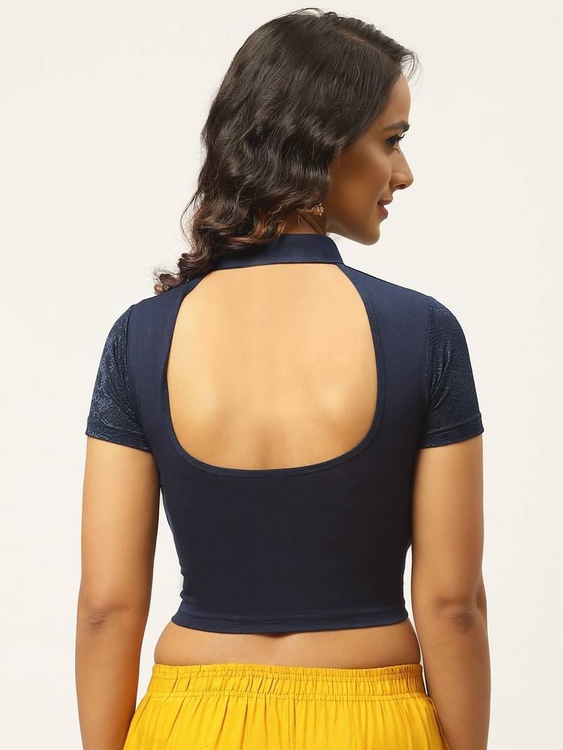 VASTRANAND Women Navy Blue Lace Detail Stretchable Saree Blouse