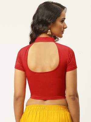 VASTRANAND Women Red Cotton Lace Detail Solid Stretchable Saree Blouse 4