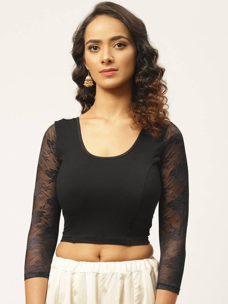 VASTRANAND Women Black Cotton Solid Lace Detail Stretchable Saree Blouse
