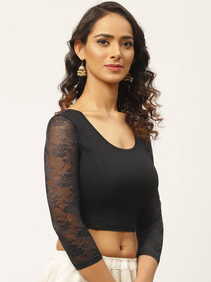 VASTRANAND Women Black Cotton Solid Lace Detail Stretchable Saree Blouse