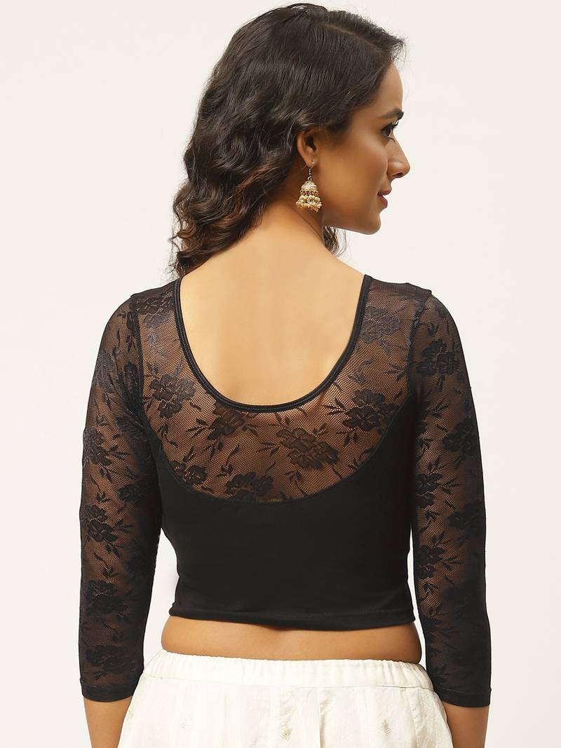 VASTRANAND Women Black Cotton Solid Lace Detail Stretchable Saree Blouse