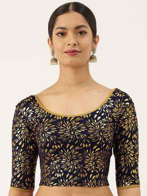 VASTRANAND Women Navy Blue & Gold-Coloured Foil Printed Stretchable Blouse 1
