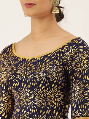 VASTRANAND Women Navy Blue & Gold-Coloured Foil Printed Stretchable Blouse 2
