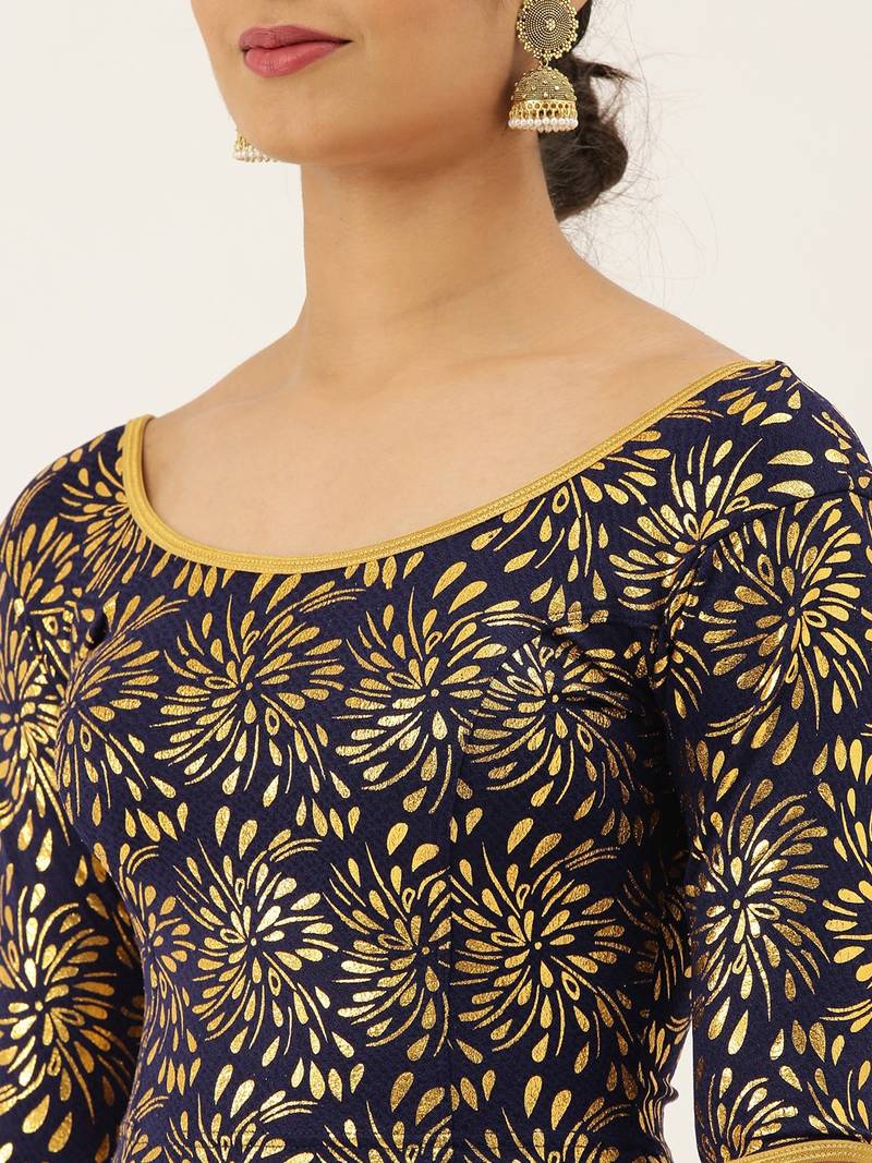 VASTRANAND Women Navy Blue & Gold-Coloured Foil Printed Stretchable Blouse
