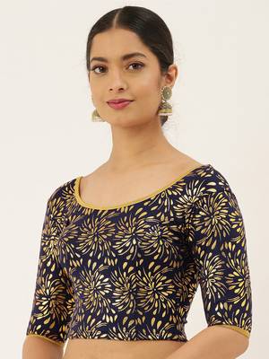 VASTRANAND Women Navy Blue & Gold-Coloured Foil Printed Stretchable Blouse 3
