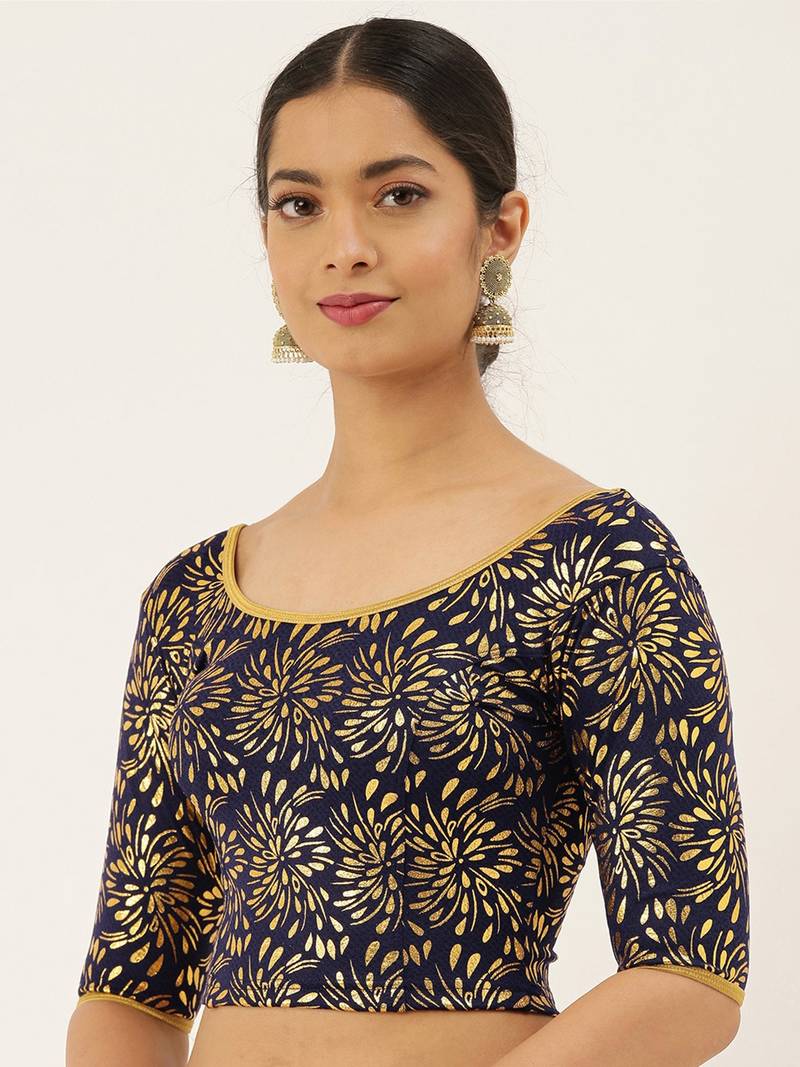 VASTRANAND Women Navy Blue & Gold-Coloured Foil Printed Stretchable Blouse