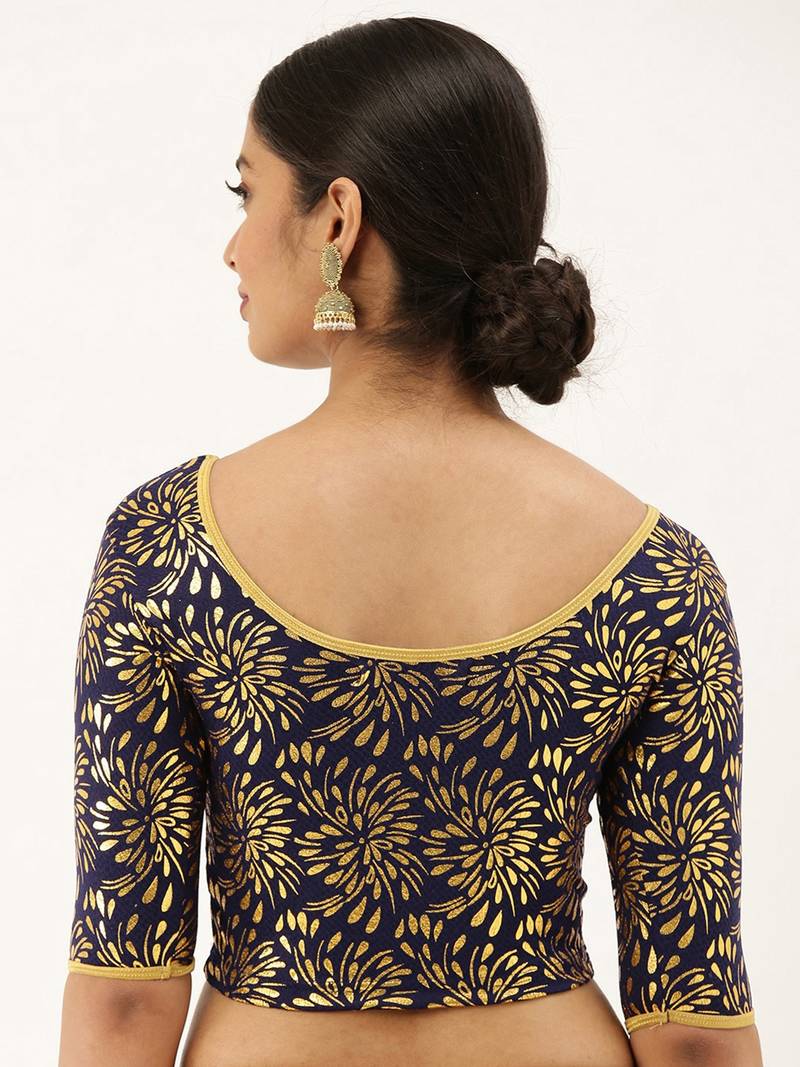 VASTRANAND Women Navy Blue & Gold-Coloured Foil Printed Stretchable Blouse
