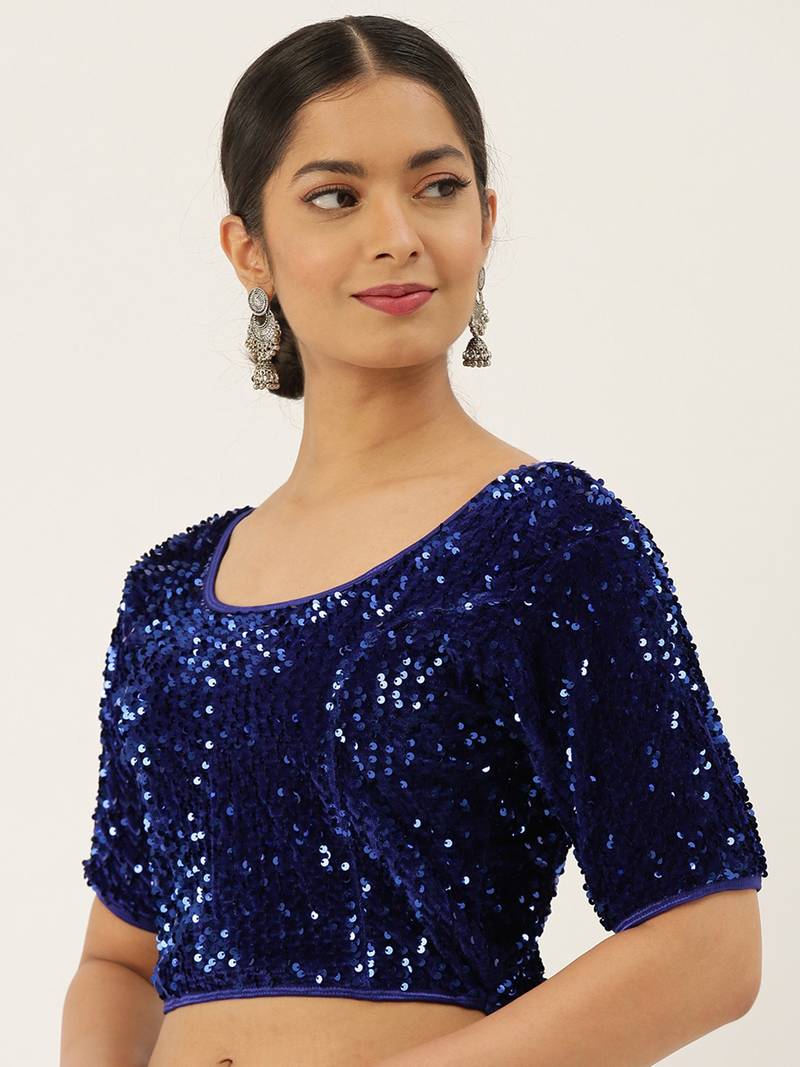 VASTRANAND Women Navy Blue Embellished Sequence Stretchable Velvet Saree Blouse