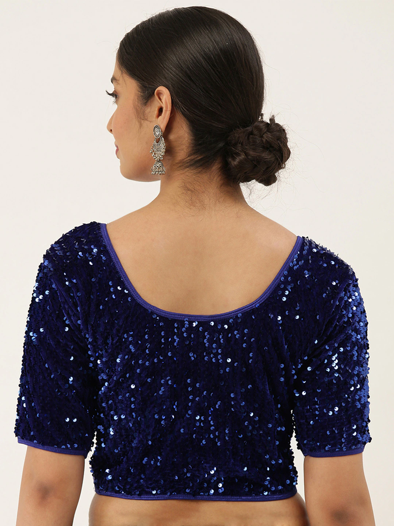 VASTRANAND Women Navy Blue Embellished Sequence Stretchable Velvet Saree Blouse