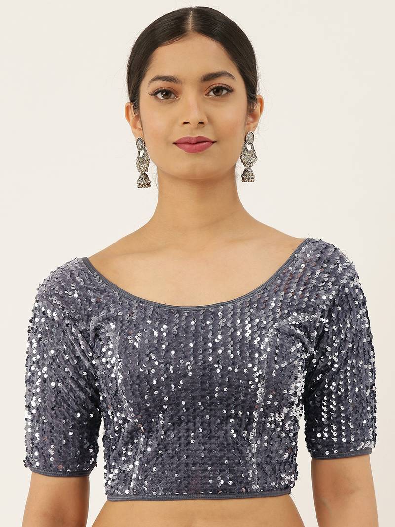 VASTRANAND Women Grey Embellished Sequence Stretchable Velvet Saree Blouse