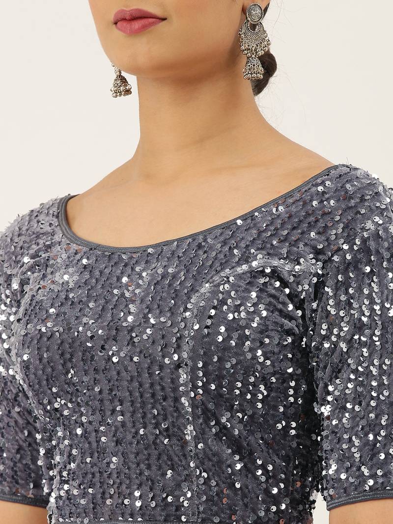 VASTRANAND Women Grey Embellished Sequence Stretchable Velvet Saree Blouse