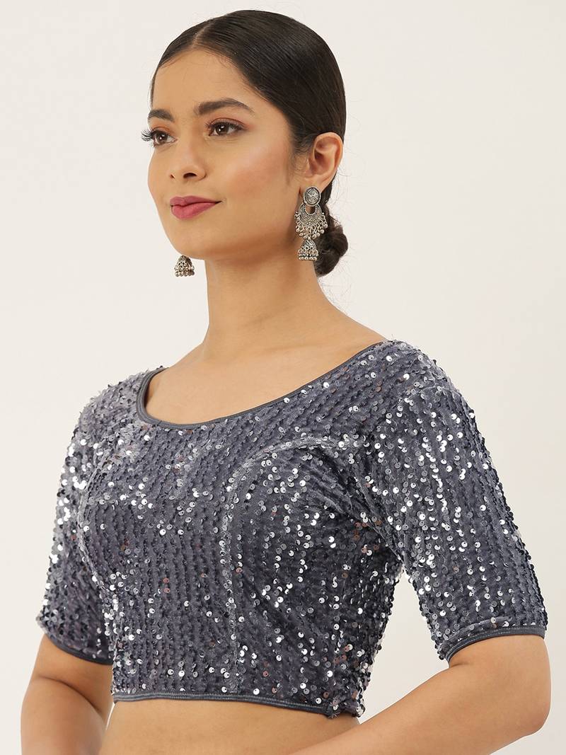 VASTRANAND Women Grey Embellished Sequence Stretchable Velvet Saree Blouse