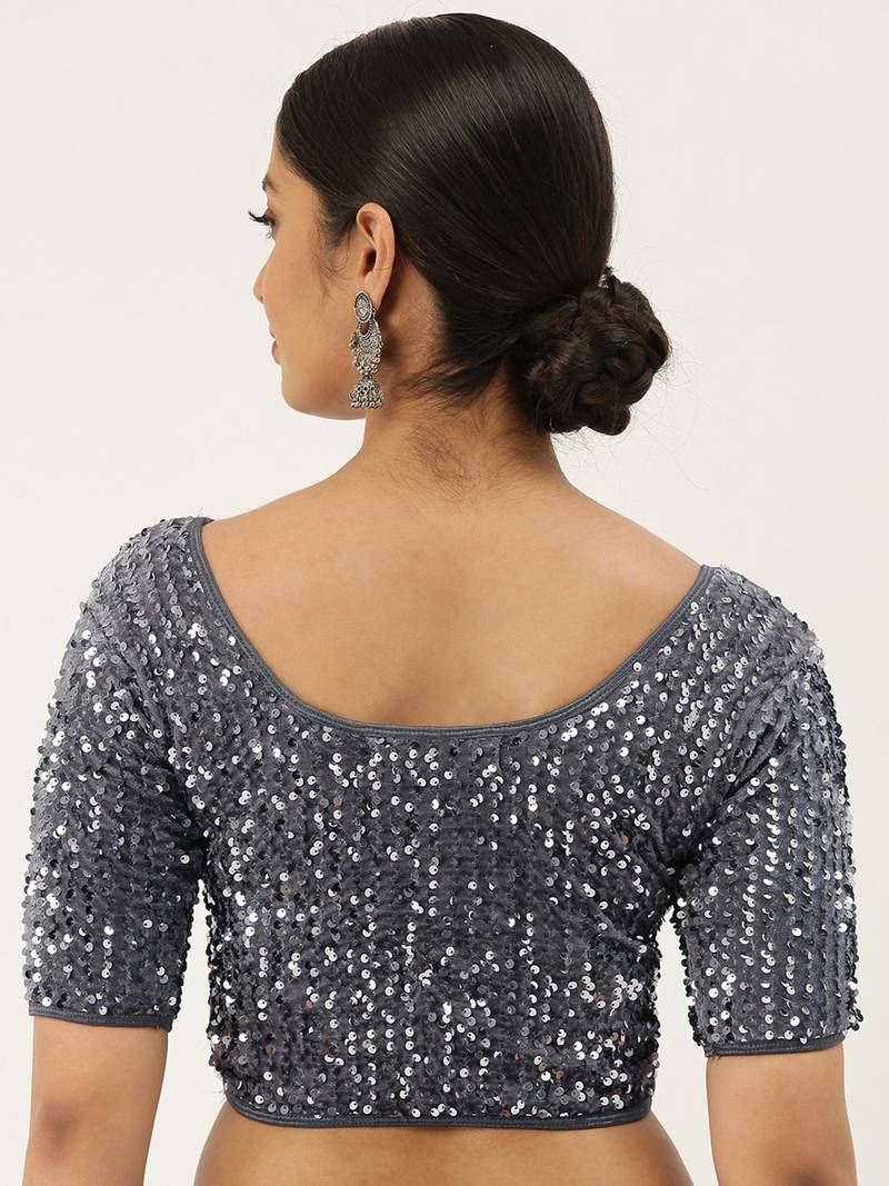 VASTRANAND Women Grey Embellished Sequence Stretchable Velvet Saree Blouse