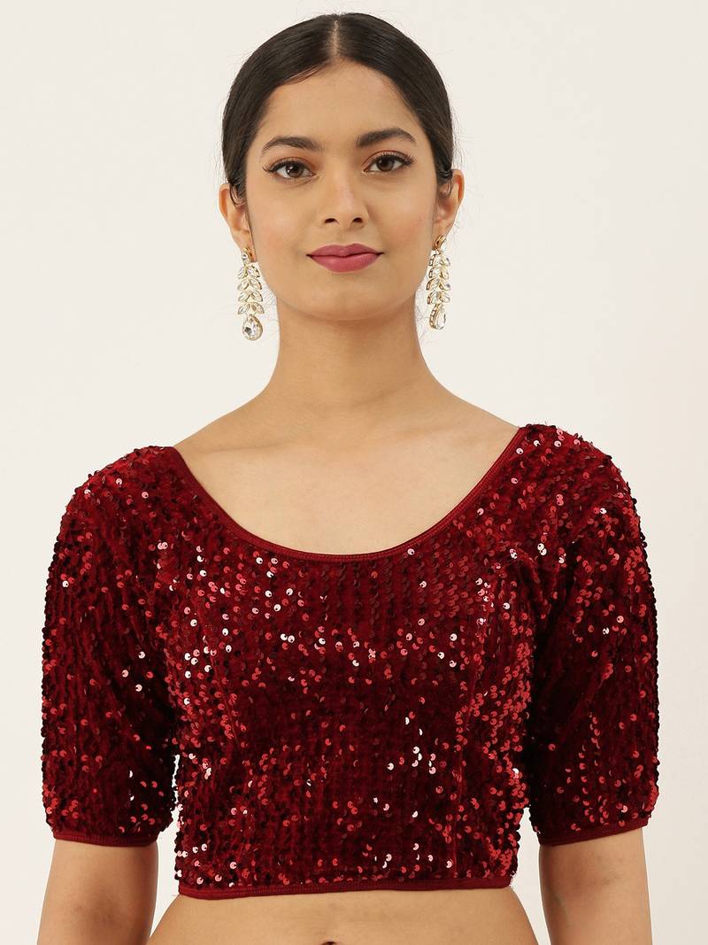 VASTRANAND Women Maroon Embellished Sequence Stretchable Velvet Saree Blouse