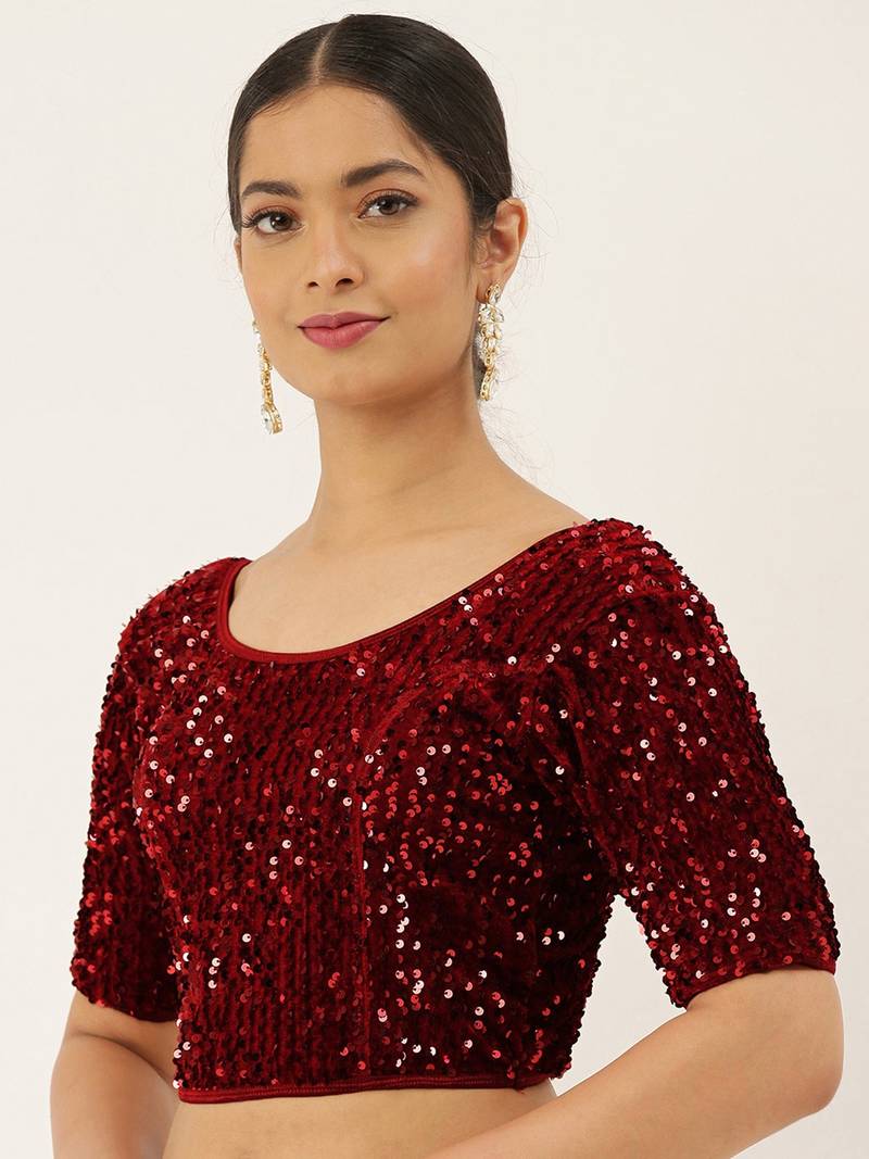 VASTRANAND Women Maroon Embellished Sequence Stretchable Velvet Saree Blouse