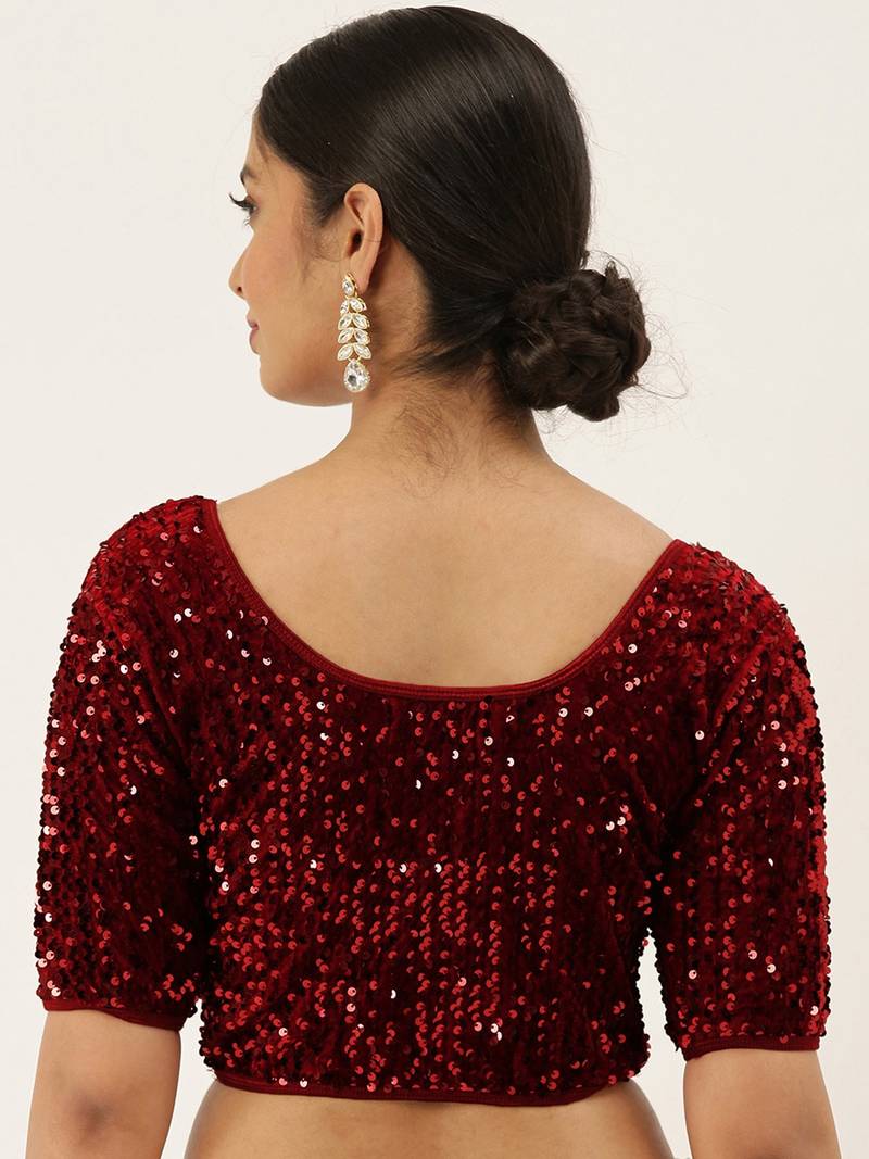 VASTRANAND Women Maroon Embellished Sequence Stretchable Velvet Saree Blouse