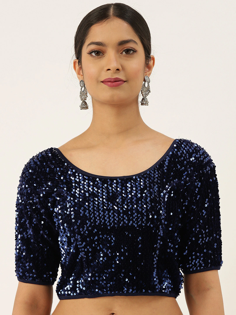 VASTRANAND Women Navy Blue Stretchable Embellished Sequence Velvet Saree Blouse