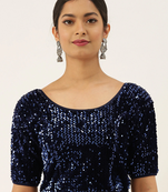 VASTRANAND Women Navy Blue Stretchable Embellished Sequence Velvet Saree Blouse