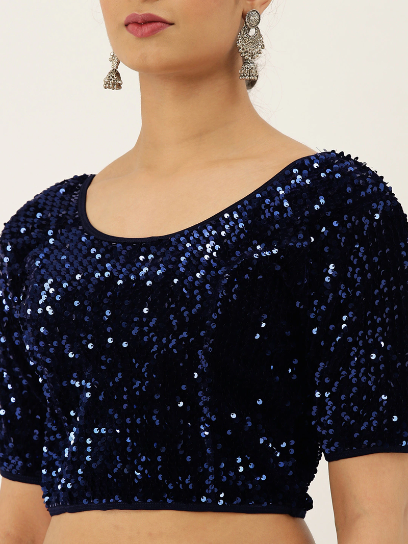 VASTRANAND Women Navy Blue Stretchable Embellished Sequence Velvet Saree Blouse