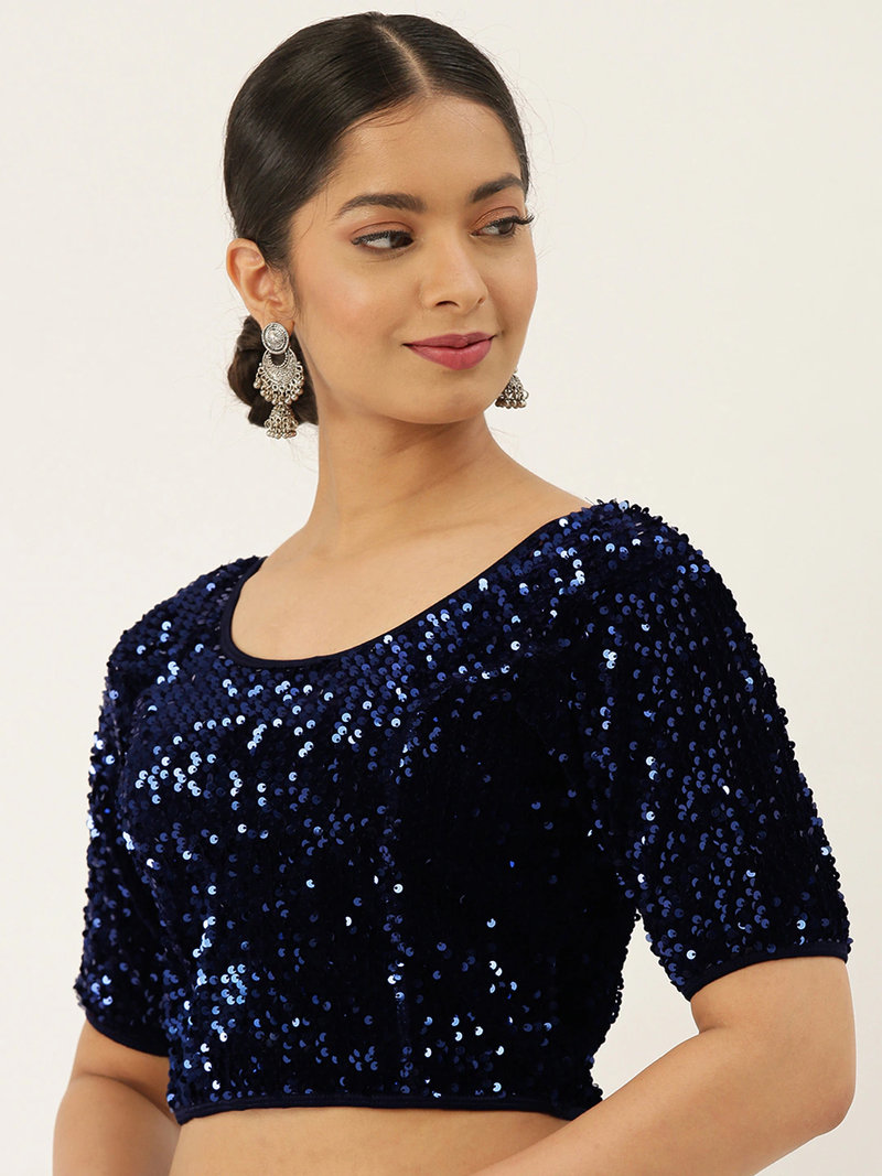 VASTRANAND Women Navy Blue Stretchable Embellished Sequence Velvet Saree Blouse