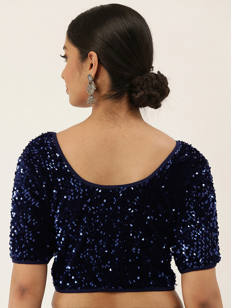 VASTRANAND Women Navy Blue Stretchable Embellished Sequence Velvet Saree Blouse