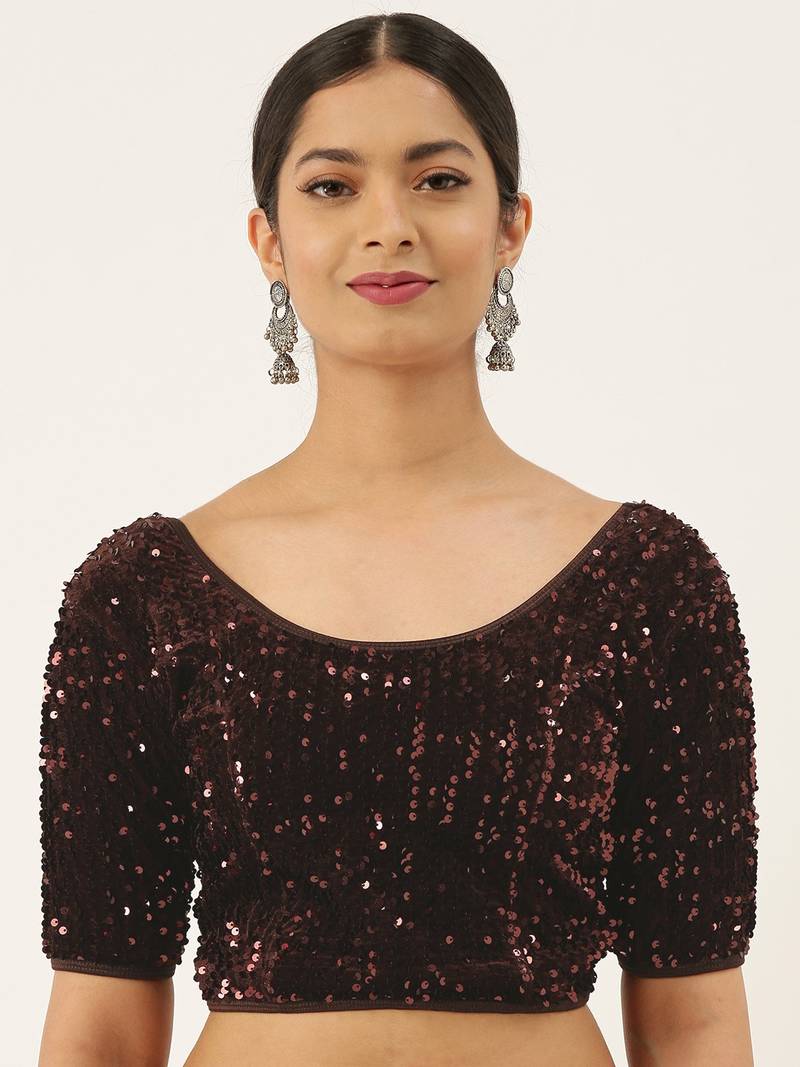 VASTRANAND Women Burgundy Stretchable Velvet Sequence Saree Blouse