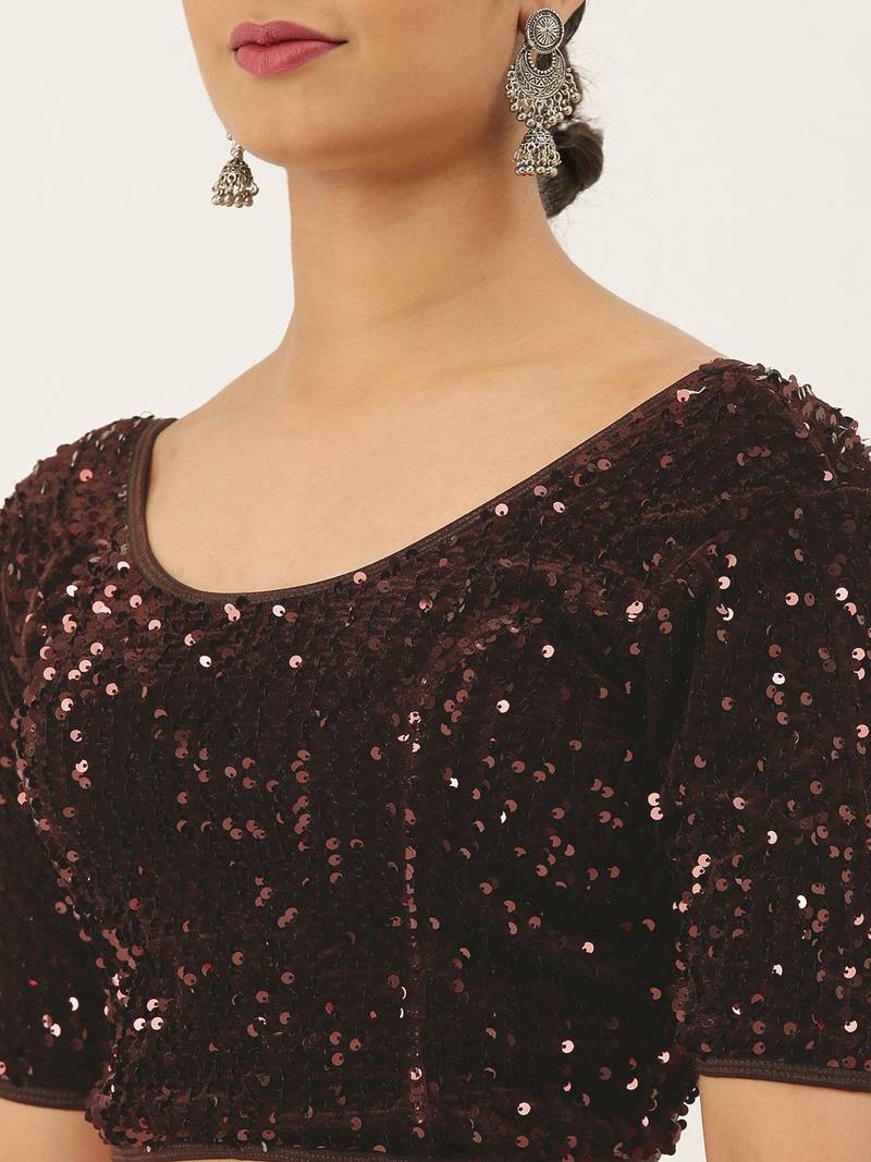 VASTRANAND Women Burgundy Stretchable Velvet Sequence Saree Blouse