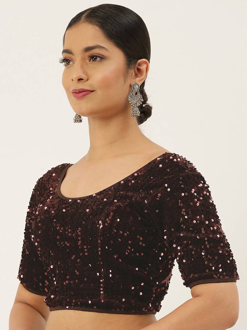 VASTRANAND Women Burgundy Stretchable Velvet Sequence Saree Blouse