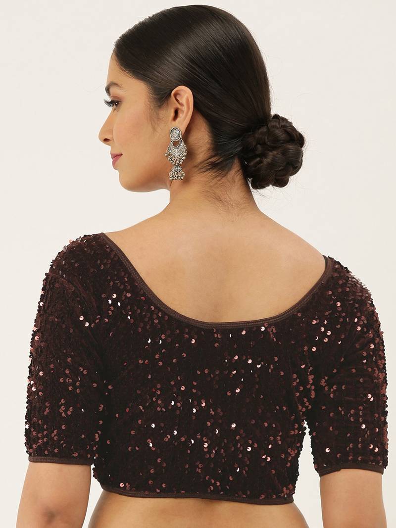 VASTRANAND Women Burgundy Stretchable Velvet Sequence Saree Blouse