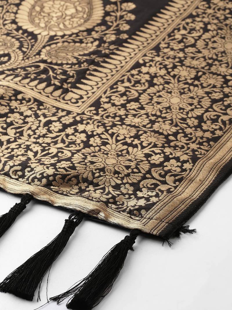 VASTRANAND Black & Golden Woven Design Dupatta