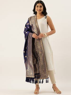 VASTRANAND Navy Blue & Golden Woven Design Dupatta, 1