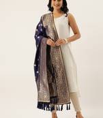 VASTRANAND Navy Blue & Golden Woven Design Dupatta,