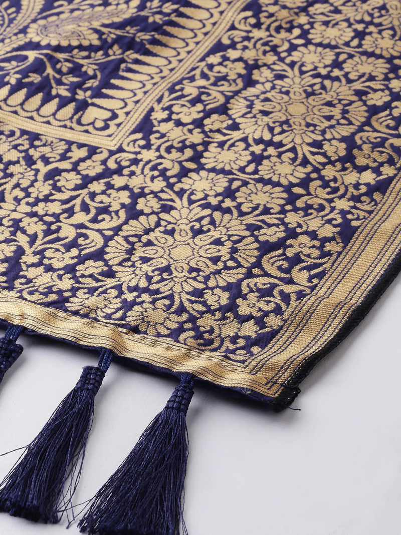 VASTRANAND Navy Blue & Golden Woven Design Dupatta,