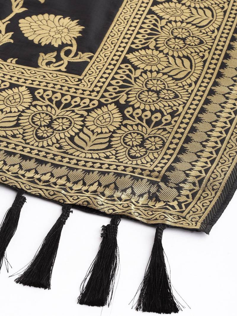 VASTRANAND Black & Gold-Toned Woven Design Banarasi Dupatta