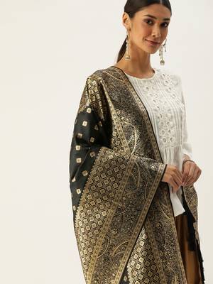 VASTRANAND Black & Gold-Coloured Woven Design Dupatta 1