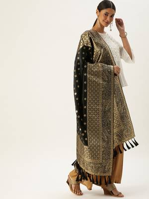 VASTRANAND Black & Gold-Coloured Woven Design Dupatta 2